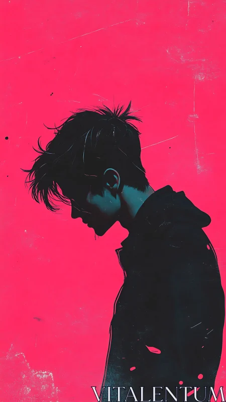 Neon silhouette of pensive youth against electric pink field.