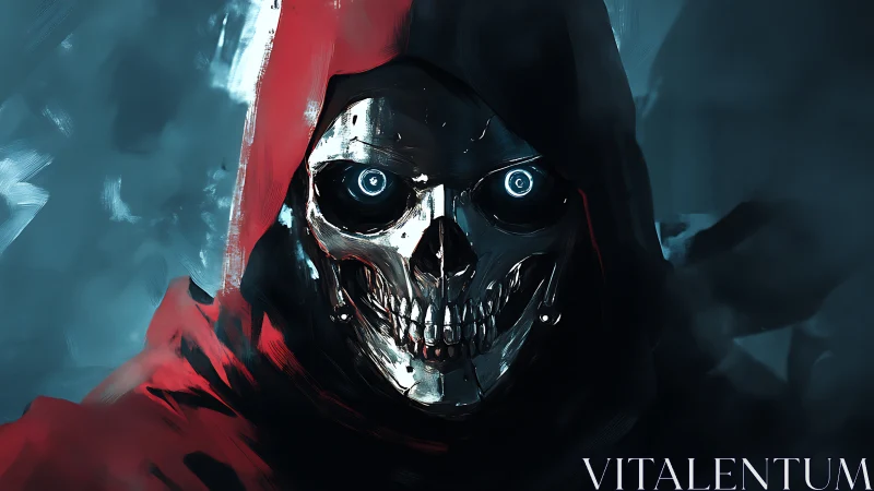 Hooded metallic skull stares forward with glowing eyes