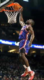High vertical leap captured in dynamic basketball slam dunk shot