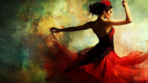Flamenco dancer in dynamic red dress renders motion and light