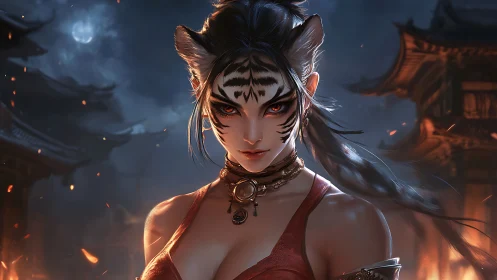 Fierce tiger-eared warrior stands amid burning temples at night.
