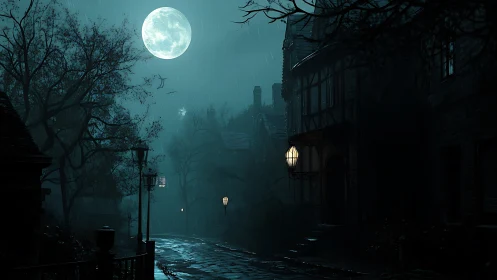 Digital painting of moonlit rain-soaked Victorian alleyway nocturne.