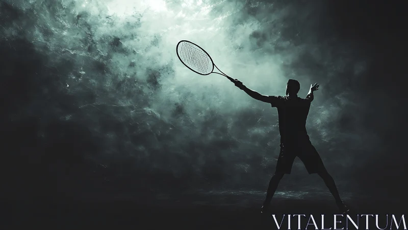 Silhouetted tennis player executes serve against dramatic backlight