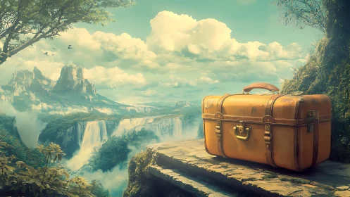 Vintage suitcase overlooks dreamy waterfalls and misty cliffs