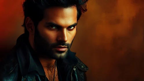 Smoldering portrait of a man in leather against warm light