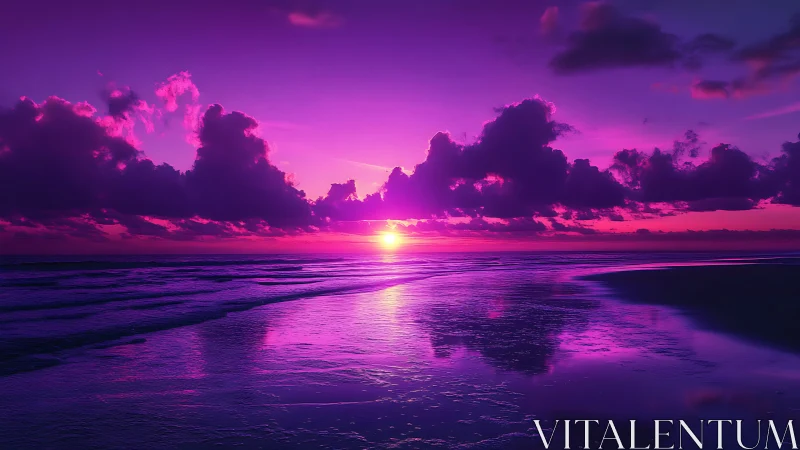 Vivid magenta ocean sunset casts reflections across shore