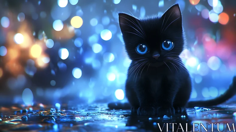 Black Kitten with Luminous Blue Eyes: Bokeh-Rendered Digital Portrait.