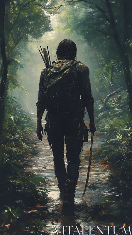 Lone survivor walks through rain-soaked forest trail