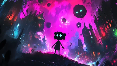 Silhouetted child under glowing orbs in neon ruinscape.