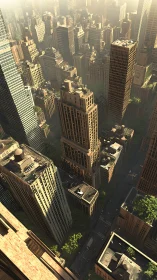 Vertiginous sunlit megacity canyon with softened haze above.