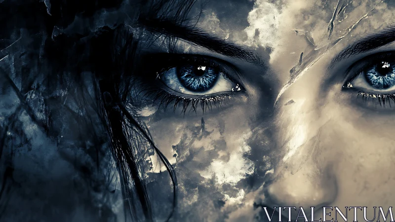 Icy blue eyes emerge from fractured monochrome visage