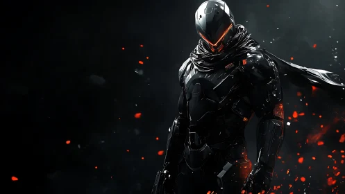 Cybernetic assassin in molten ember cloak, high contrast render.