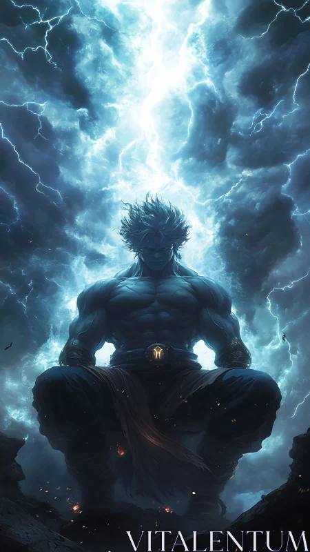 Storm-forged warrior meditating beneath raging lightning sky.