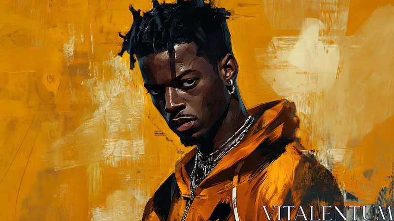 Digital portrait of brooding man in orange hoodie on gold field.