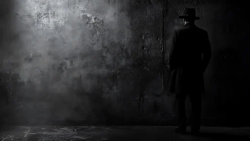 Noir silhouette against cracked concrete wall at night.