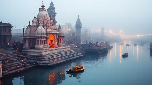 Foggy riverside temple glows at dawn above tranquil boats.