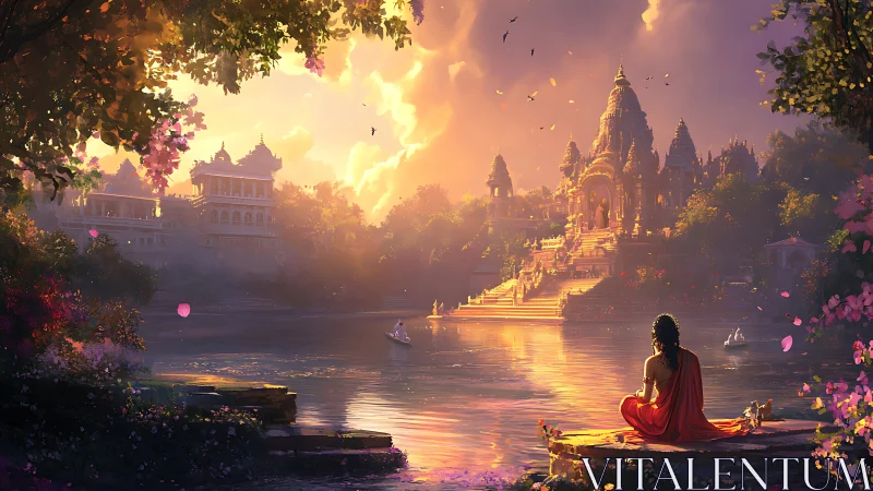 Sunlit riverside temple of calm reflection and quiet wonder.