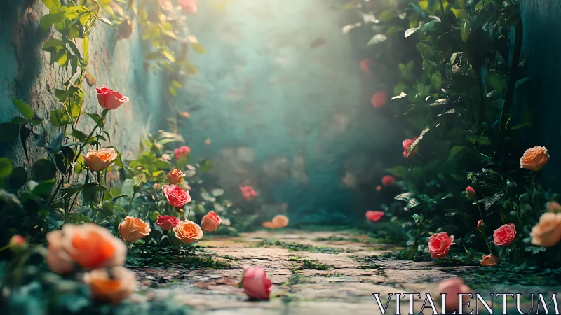 Roses Bloom Between Crumbling Walls in Golden Enchantment.