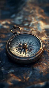 Vintage brass compass on textured rock in warm light.