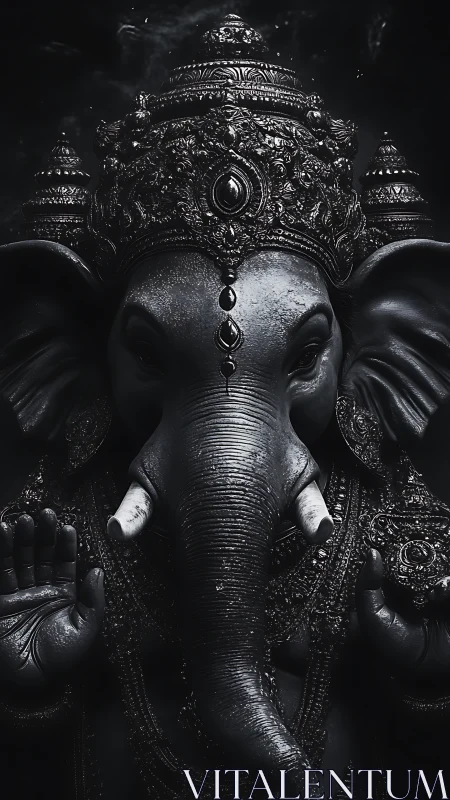 Dark-toned Ganesha sculpture with ornate ceremonial crown.