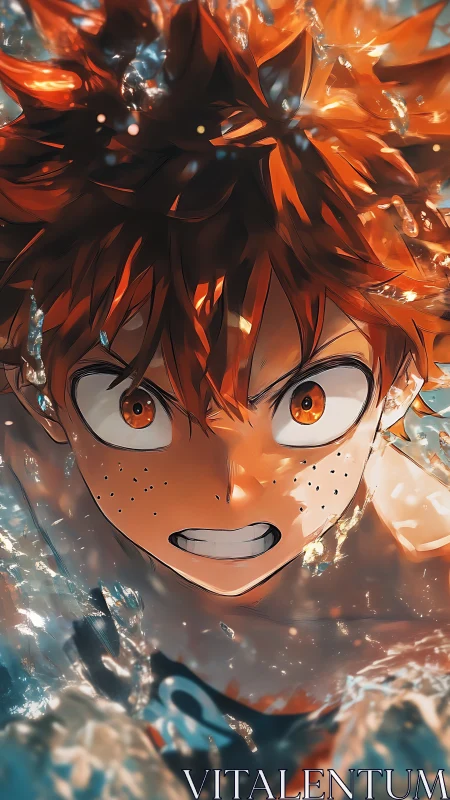 Intense orange‑haired swimmer surges through dynamic water.