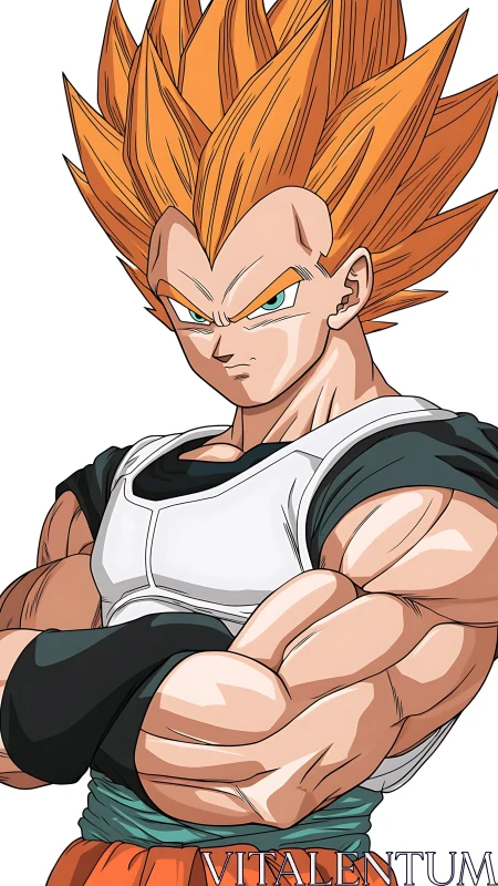 Muscular anime warrior stands cross-armed with spiked hair