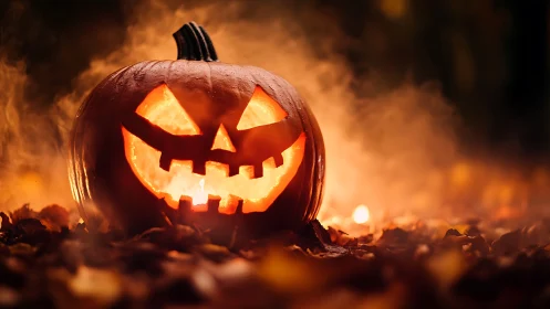 Grinning jack o lantern prowls through ember tinted autumn fog.