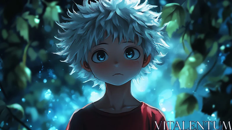 Anime boy under glowing forest light with wide eyes.