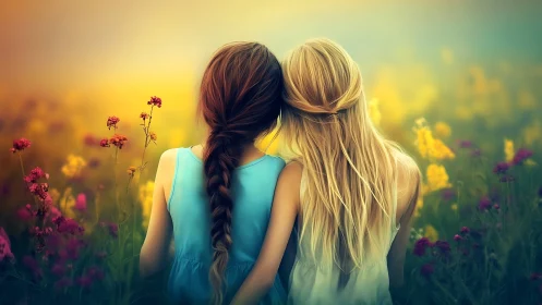 Two girls in pastel dresses in dreamy wildflower field, soft focus.