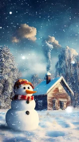 Cozy winter cabin and cheerful snowman under starlit snow.
