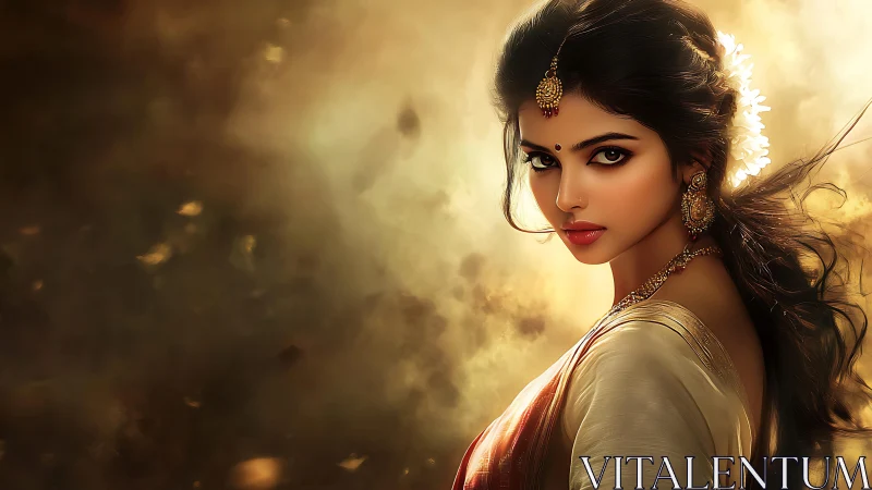 Golden dusk portrait of a graceful woman in silk and light.