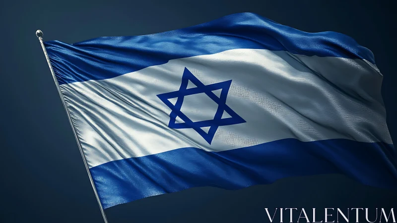 Israeli national flag on pole against dark sky background.