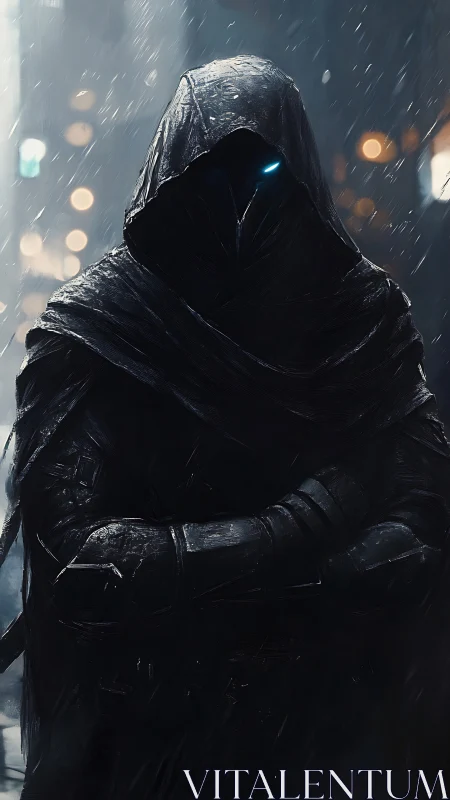 Hooded dark figure with glowing eye in rainy city street.