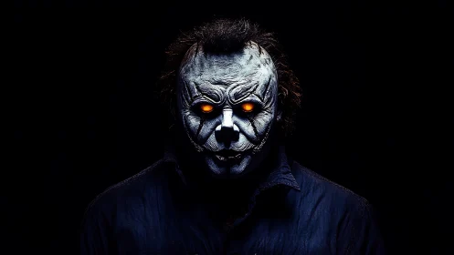 Masked figure with glowing eyes in dark backdrop portrait.