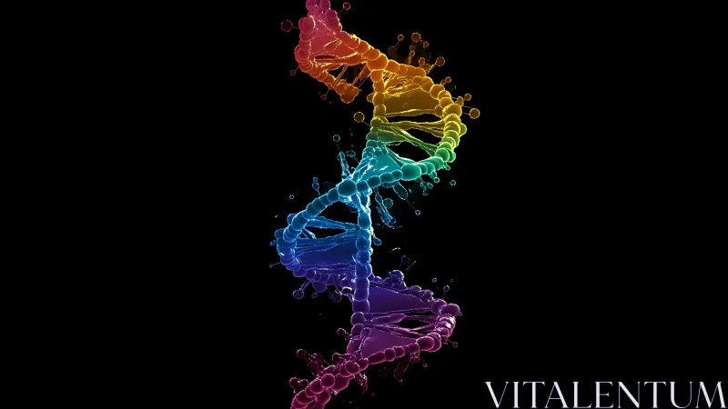 Rainbow DNA spiral dancing through a splash of color.