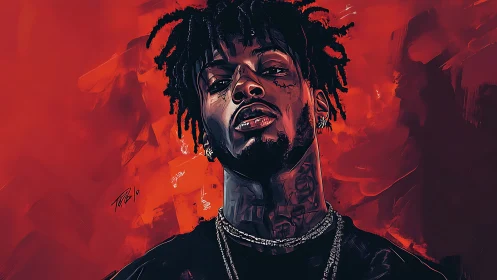 Stylized portrait of man with tattoos on red abstract background.