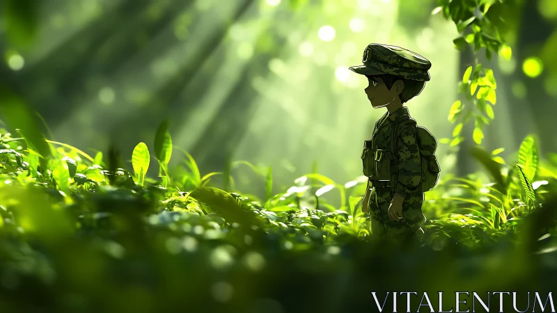 Anime child soldier stands in sunlit jungle clearing profile