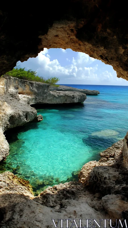 Sea cave frames turquoise Caribbean cove at midday