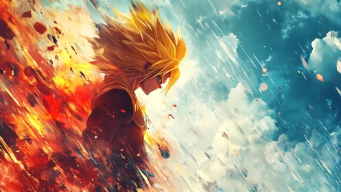 Stormborn warrior ignites between shattered sky and flame.