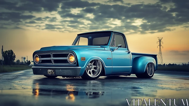Lowered blue vintage pickup truck on wet rural road.