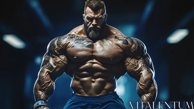 Powerful tattooed bodybuilder stands strong in glowing gym.
