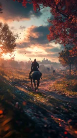 Lone rider follows a sunlit forest path toward distant castle