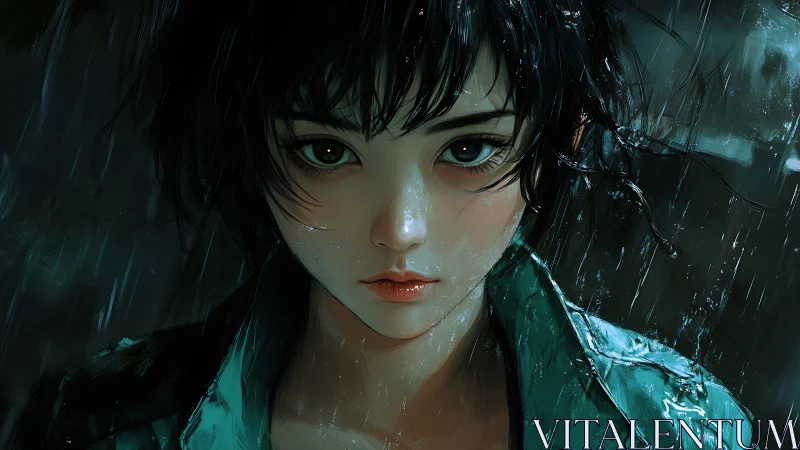 Quiet rainlit portrait of a girl with soulful green eyes.