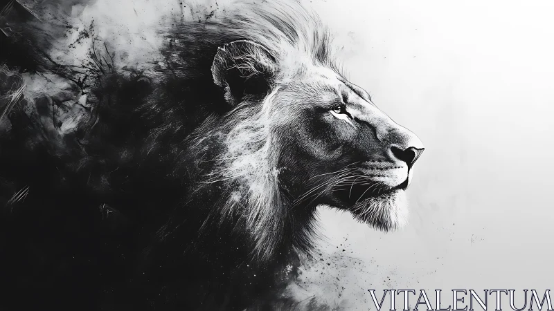 Monochrome lion profile in abstract smoke dispersion effect.