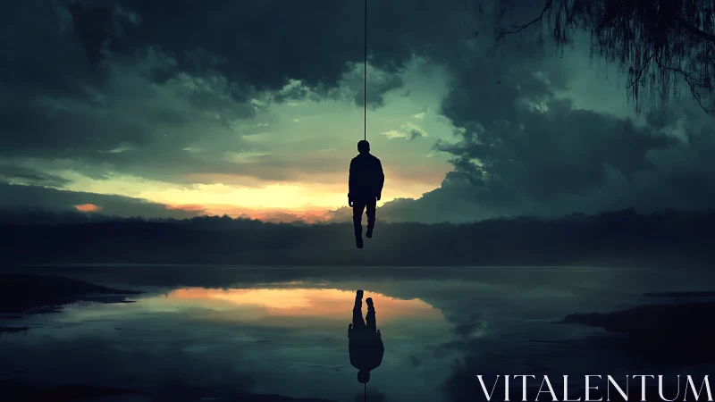 Twilight ropewalker adrift above a haunted mirror lake.