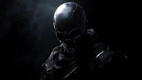 Cyber skull assassin in shadowed high contrast portrait.