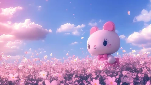 Dreamy blossom fields cradle a pastel toy mouse guardian.
