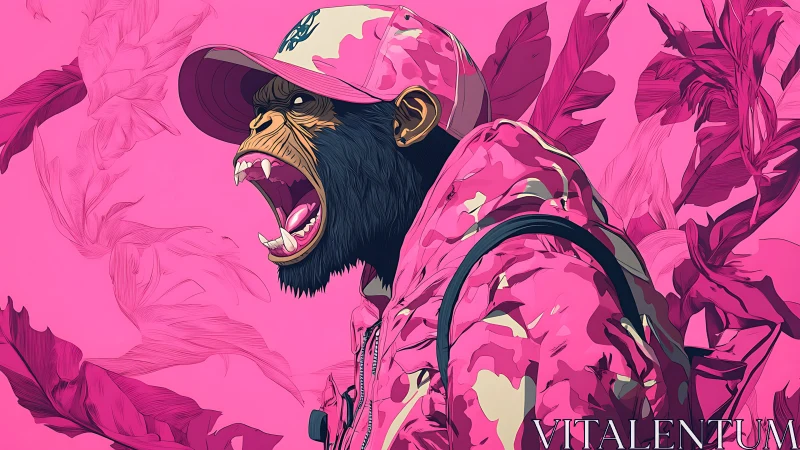 Roaring streetwear ape explodes against neon pink jungle.