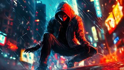 Hooded vigilante crouches in neon rain-soaked city street.