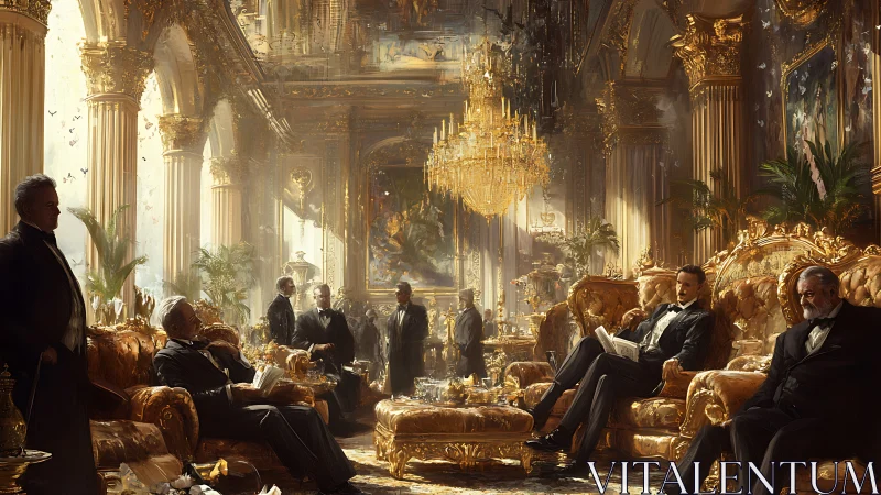Gilded neoclassical salon with seated gentlemen in tuxedos